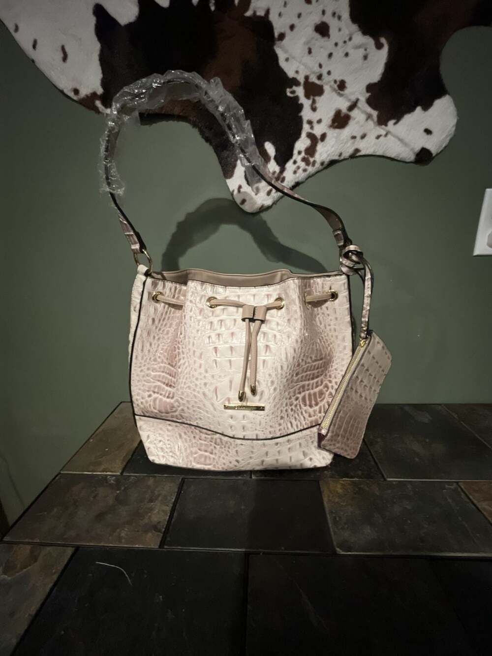 Brahmin Blush Croc Embossed Leather Bucket Bag with Matching Pouch
